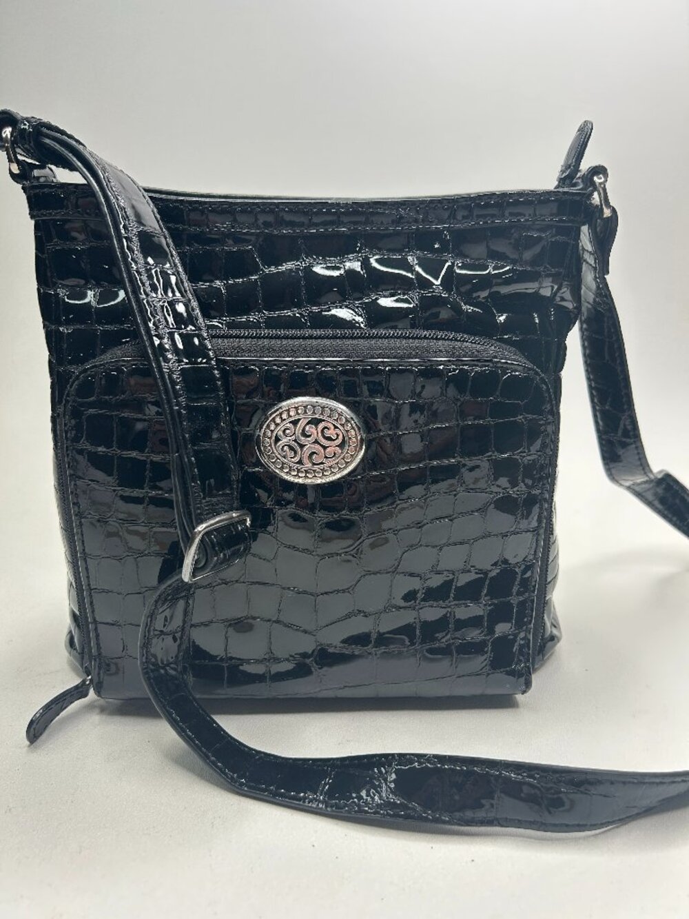 BRIGHTON Cher Maddox Zip Around Organizer Patent Croc Leather BLK Crossbody Bag